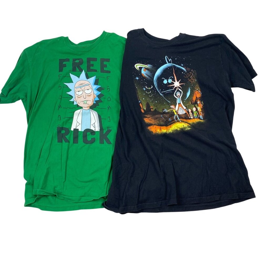 Rick & Morty Graphic T-Shirts XL Free Rick Green Tee & Cosmic Adventure Black Te